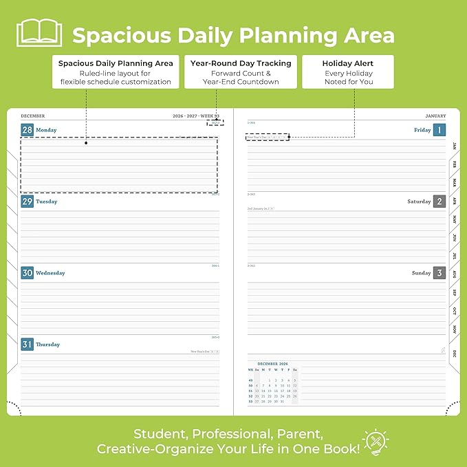 Weekly Monthly 2026-2027 Planner (July 26-Dec 27),11.5"x8.5",18 Months Agenda Plan with Month Tabs & Pocket,Expenses/Note Pages, Academic Calendar with Vegan Leather Cover,Wasabi Green