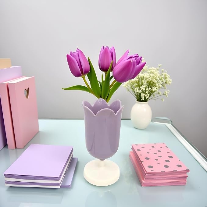 Purple Pen Holder for Desk, Plastic Tulip Pen Holder Girl Small Makeup Box Cute Stationery Organizer Pencil Stand Case Pencil Cups Desktop Decoration Pencil Holders Desk Supplies Holders