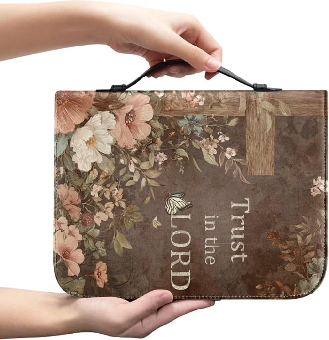 Vintage Style Brown Floral and Cross Bible Case with Bookmark Waterproof Bible Cover Case for Women Lightweight Bible Bag with Handle Pockets Church Book Bag
