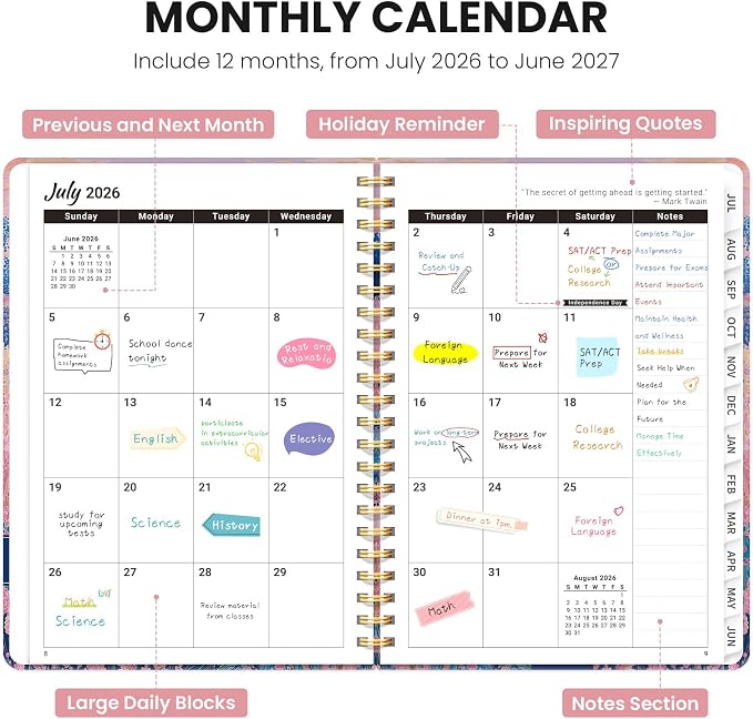 Planner 2026-2027, Monthly and Weekly Academic Planner July 2026 - June 2027, Hardcover Student Teacher Planning Agenda Calendar Book with Tabs, Perfect for Office School Supplies, A5 (6.3" x 8.5") - Windmill Fields