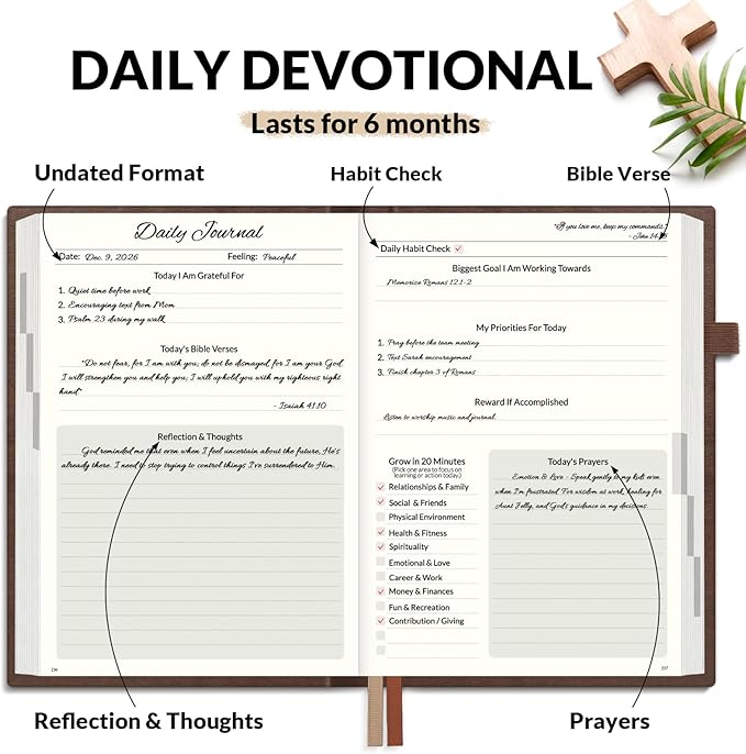 SUNEE Christian Bible Study & Prayer Journal for Men – Undated 6-Month Scripture Notebook for Daily Devotional & Faith Growth, Meaningful Religious Gift for Pastor, Husband or Graduation (Brown)