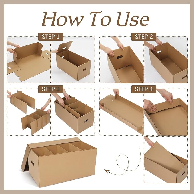 Fuyoooo 4 Pack Large Dish Packing Boxes for Moving with Divider 24 x 12 x 11 Inch Kitchen Moving Boxes with Reinforced Handle Lid Packing Supplies for Dishes and Glassware(Brown)