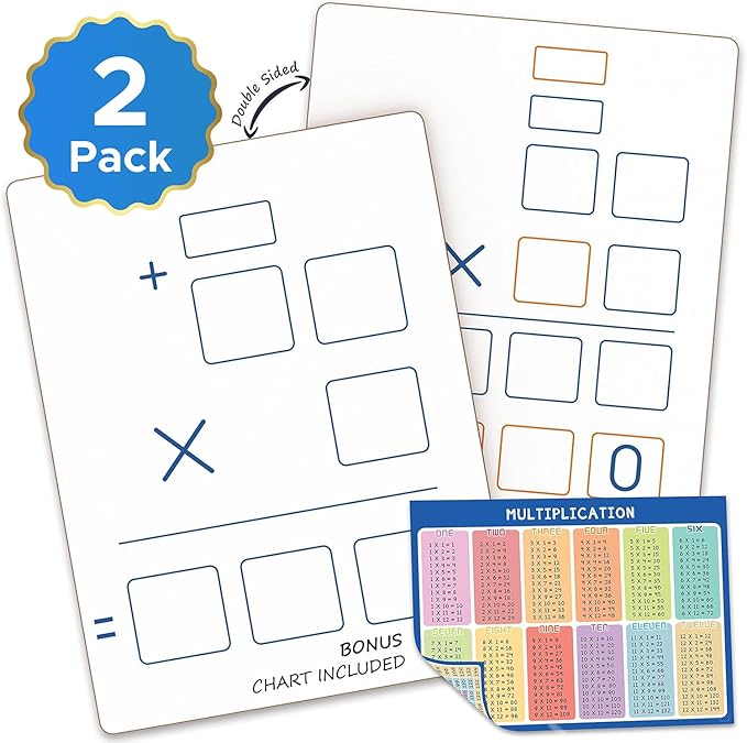 2 Pack Dry Erase Long Multiplication Board 9"x12" Double Sided Practice Whiteboard with 2x1 & 2x2 Digit Multiplication for Home, School, Classroom, Kids, Students Math Manipulatives Lapboard