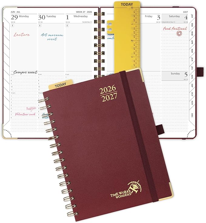 POPRUN 2026-2027 Academic Year Weekly and Monthly Planner Calendar,Jul 2026 - Jun 2027，6.25" x 8.5",Daily Agenda Book & Appointment Book with Hourly Schedule, Tabs, Hardcover, School and Office Supplies - Burgundy