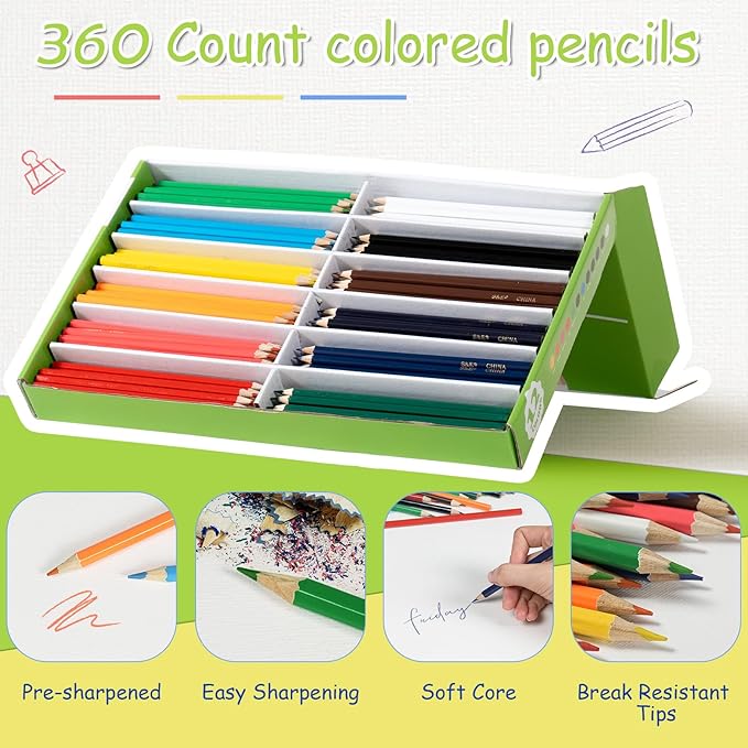 S & E TEACHER'S EDITION Colored Pencils 360Pcs,Coloring Pencils Set Drawing Pencils for Sketch, Woodcase Lead,Wooden Colored, Back to school