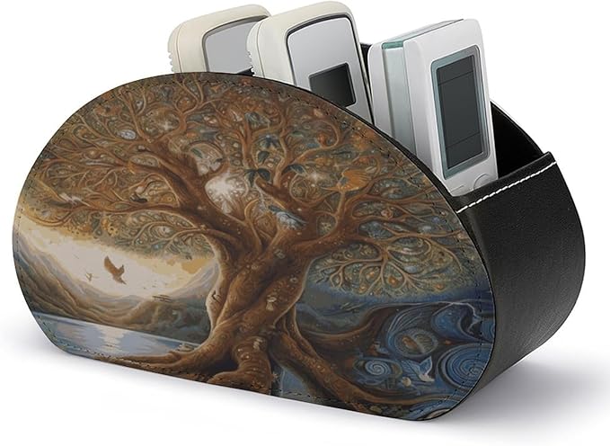 Remote Control Holders Tree of Life Printed Pu Leather Remote Caddy with 5 Compartments Desk Storage Organize for Remotes/Media Controllers/Office Supply