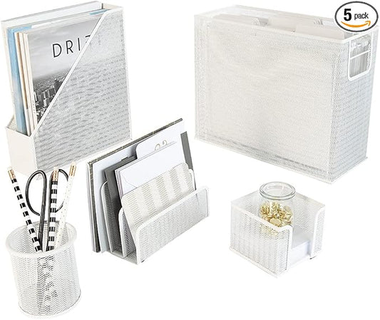 BLU MONACO | White Desk Organizer Set | 5 Piece Metal Office Desk Organizer with Hanging File Holder, Magazine Organizer, Pen Cup, Sticky Note Holder, Mail Sorter | Desk Organizers and Accessories
