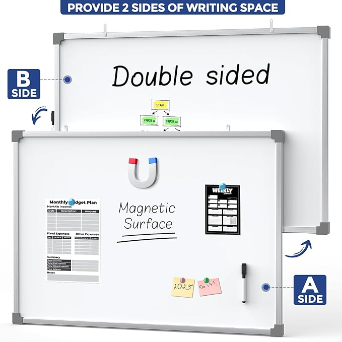 MaxGear Dry Erase Board for Wall, 36" x 24" Magnetic White Board, Double-Sided Large Whiteboard, Hanging for Planning Drawing Memo Teaching, School Home Office, Silver Aluminum Frame