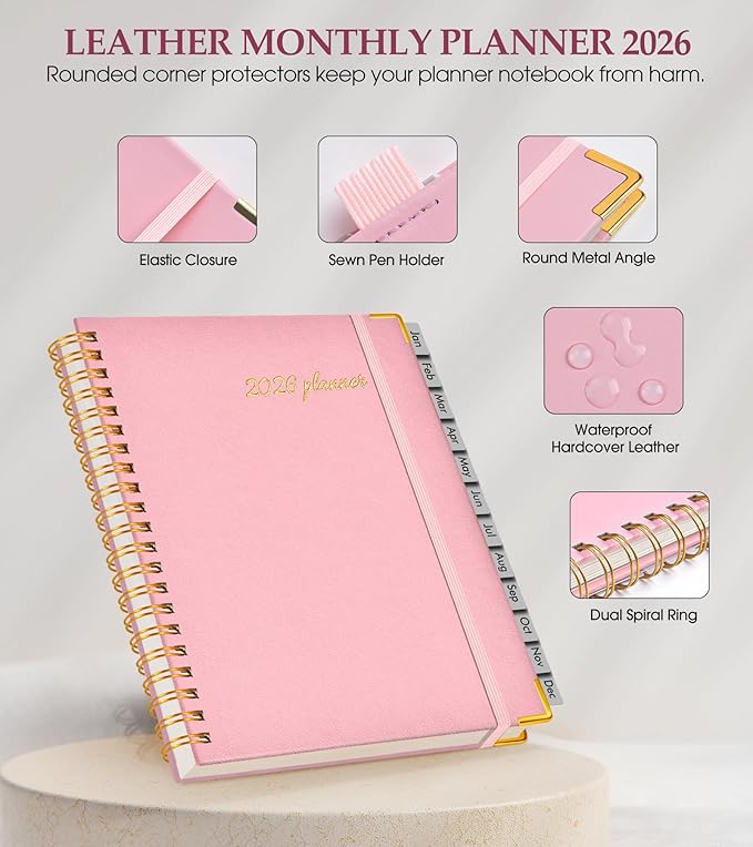 2026 Planner, Weekly and Monthly Calendar Planner from January 2026 - December 2026, 5.75" x 8.38" Hardcover Leather Hourly Appointment Book with Tabs, A5 Spiral Daily Planners for College School Work Home, Light Pink