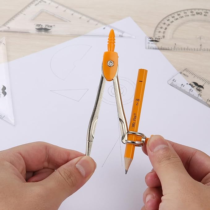Mr. Pen- Geometry Set, 13 pcs, 3 Metal Compasses, Protractor, 6" Ruler, 45° & 30°/60° Set Squares, Pencils, Lead Refills, Sharpener & Eraser for Math, Drafting & Classroom Use