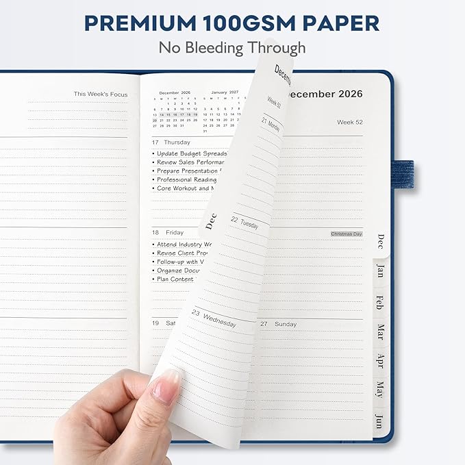 OMEYA Leather Academic Planner 2026-2027: A5 Navy Blue Business Weekly & Monthly Planner for Work, July 2026 – June 2027, 100gsm Thick Paper, Durable Stitched Binding, Tabs, Pen Loop, Pocket