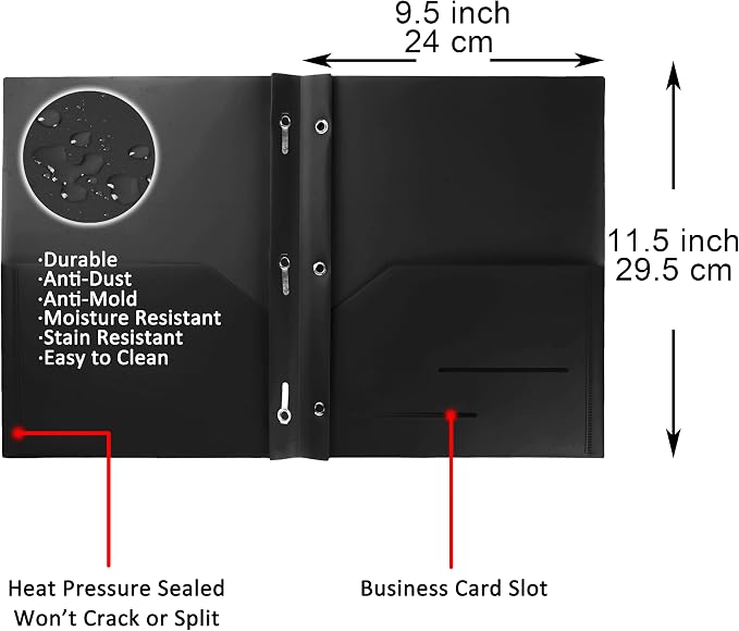 Youngever 6 Pack Heavy Duty Plastic Two Pocket Folders with 3 Prongs, Metal Prongs Fastener, Heavy Duty Plastic 2 Pocket Folder (Black)