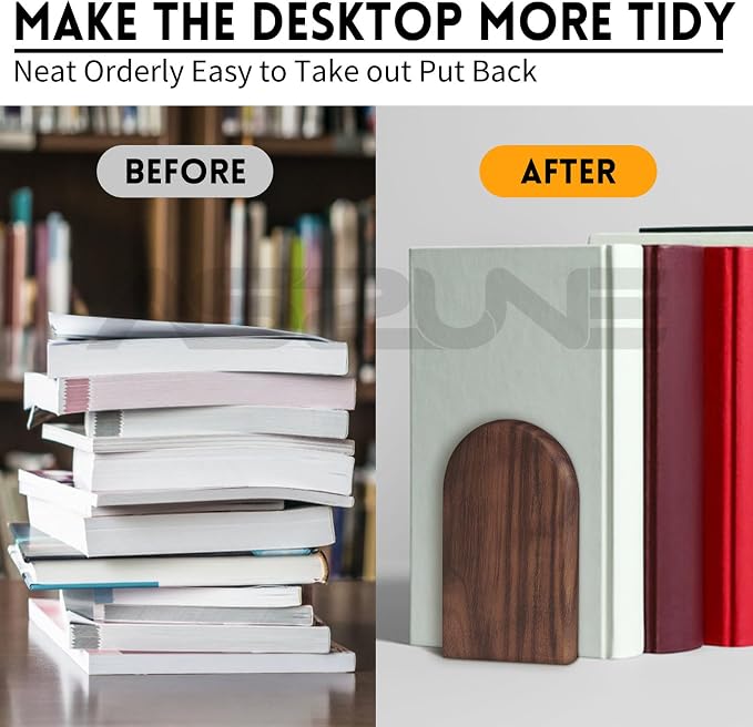 Book Ends Bulk, 4Pairs Walnut Heavy Duty Bookends, Holds Heavy Books, Non-Skid, Perfect for Office Desk