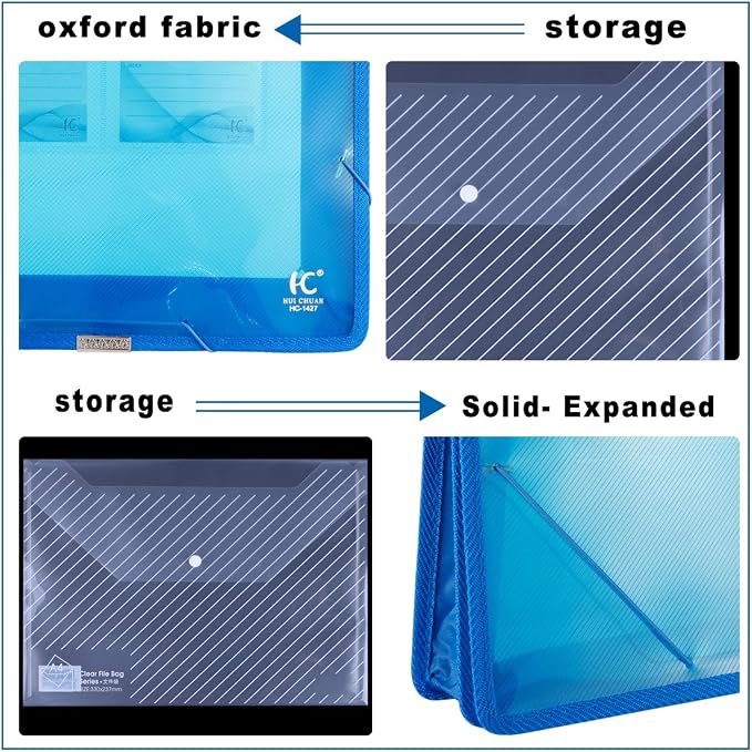 Eco-Friendly Plastic File Folders, Expanding Poly File Wallet, Transparent Expandable Envelope Organizer Document Folder with Elastic Band and Button Closure, with Small Two Pockets, 5 Colors
