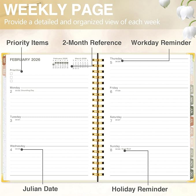 GuassLee 2026 Planner, Weekly and Monthly Planner from January 2026-December 2026, 8.4"x 6.1" Aesthetic Daily Agenda Book with Back Pocket, Stickers, Coated Tabs for School Office Supplies, A5 Size