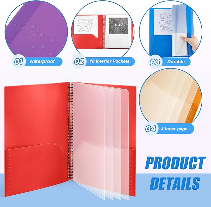 Seajan 6 Pcs 10 Pocket Folder Colorful Sturdy Plastic Spiral Portfolio Multi Pocket Folder Organizer Document Folders Plastic Spiral Project Organizer for School Office