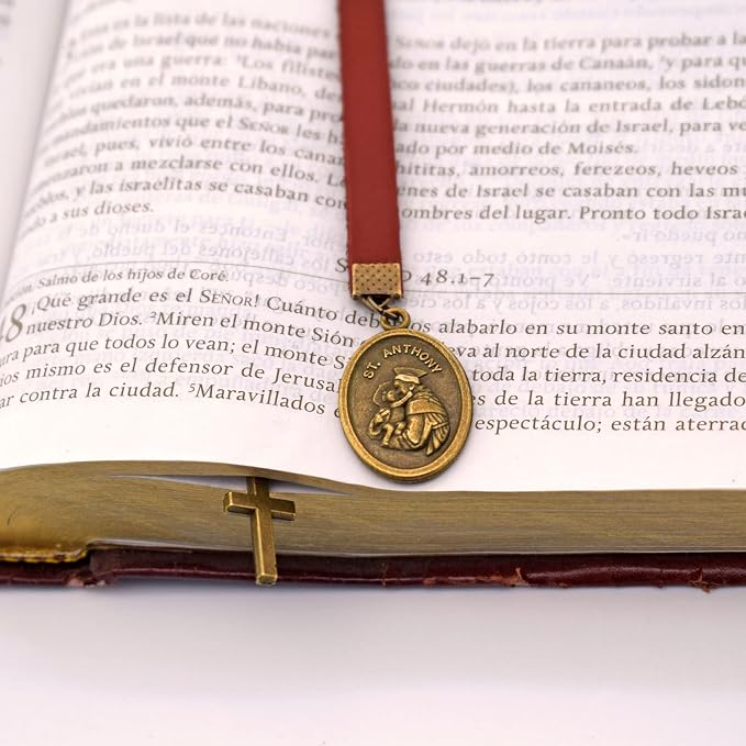 BLBMH Genuine Leather Bible Bookmark with Cross | Catholic Gifts for Men Dad | Christian Book Marker with Ribbon - Saint Anthony - LB3