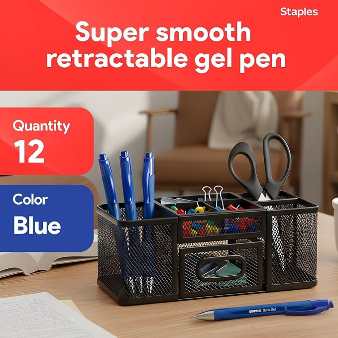 STAPLES Retractable Gel Pens, Medium Point 0.7mm, Blue Ink, 12 Pack – Sonix Smooth‑Writing Gel Pens with Rubberized Grip