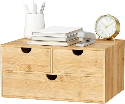 Desk Organizer with Drawers - Bamboo Desktop Organizer Storage | White-Natural Wood Desk Drawers Organizer for Bills, Office Supplies, Cosmetics, Seals No Assembly Required