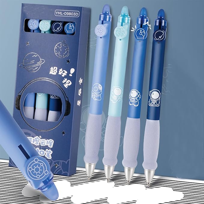 MOZXIRZ 4 Pcs Erasable Gel Ink Pens Retractable Pens Cute Space Pen 0.5mm Black Ink Writing Pen Office School Pens Women Girls Boys (Black Ink-Space)