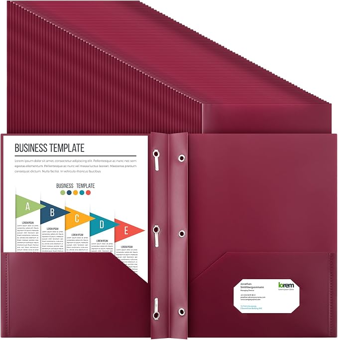 Cholemy 72 Packs Pocket Folders with Prongs Heavy Duty Plastic Folder with Business Card Slot 3 Prong Fasteners for School Office (Burgundy)