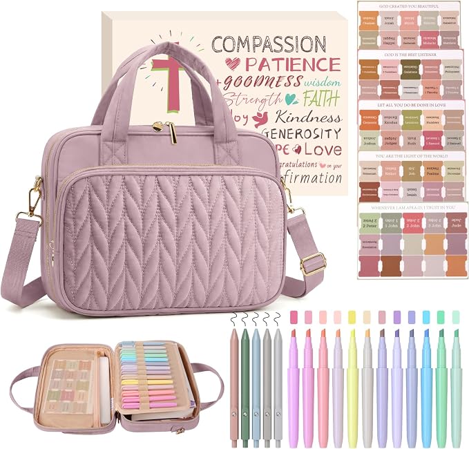 BellaHold Bible Cover Case for Women, Large Bible Bag with Study Supplies, Bible Journaling Kit with Highlighters and Pens No Bleed, Christian Gift for Women (Shoulder Strap, Dusky Rose)