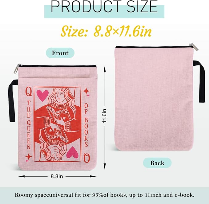 The Queen of Books Book Sleeve Pouch 9x12 Paperback Cover with Handle, Book Lover Book Cover Gifts for Women, Poker Q Theme Decoration for Teacher Colleague Boss Gifts