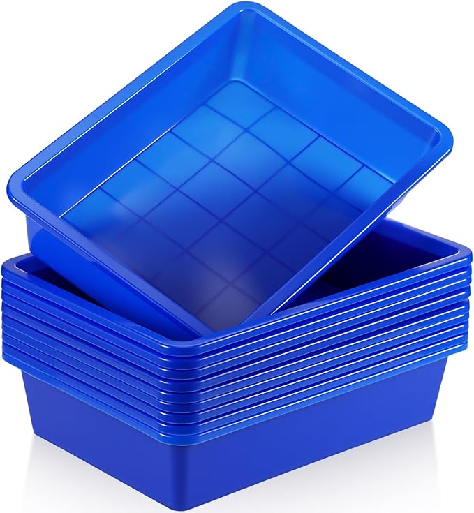 Hoteam 10 Pcs Flat Storage Organizer Tray Bin Paper Tray for Classroom Plastic Stackable File Organizer for School Office Teacher Book Organization(Blue,13.78 x 9.84 x 3.15 Inch)