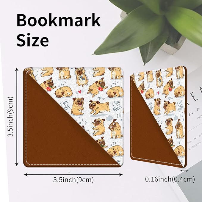 Cute Leather Bookmarks, Fun Triangle Making Corner Bookmark, Book Accessories for Reading Book Lovers, Unbreakable Page Markers for Women Men Funny Pug Dogs