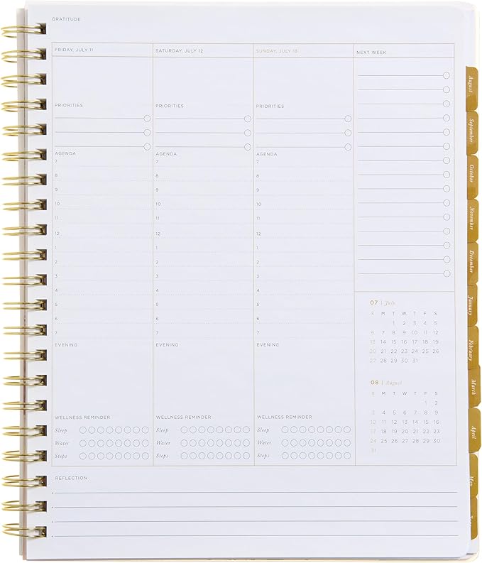 russell+hazel 2025-2026 Weekly Planner, Spiral Bound Blush Floral with Gold Foil Details, 9.1" x 11.2", July 2025 - June 2026, Features 15 Monthly Spreads, 1-Count