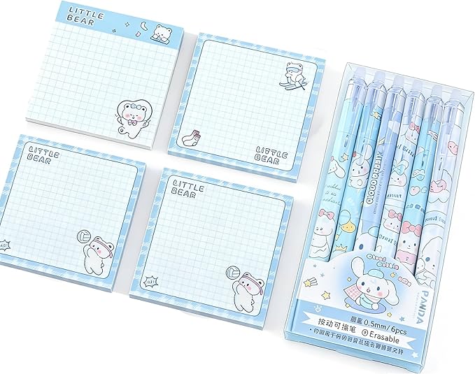 10 Pcs Stationery Set, 6Pcs Cute Erasable Gel Ink Pens Blue Ink & 4 Pcs Kawaii Sticky Notes,Gifts for Students Party Office School Supplies