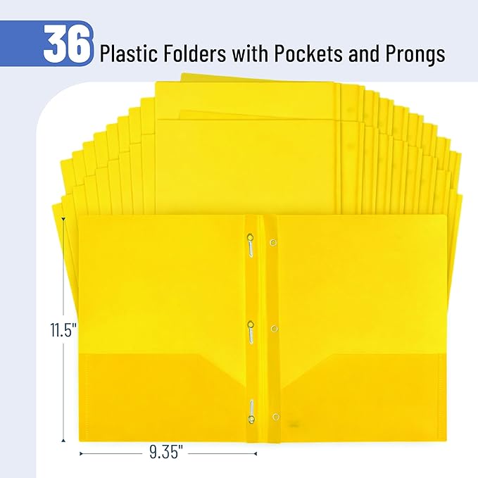 Mr. Pen- Plastic Folders with Pockets and Prongs, 36 Pack, Letter Size, Yellow, Flexible Plastic Folders with Prongs and Card Slot
