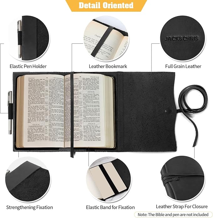 Jack&Chris Leather Bible Cover, Leather Book Cover for Men and Women, Bible Holder Strap Bible Cover Gifts, Black Medium