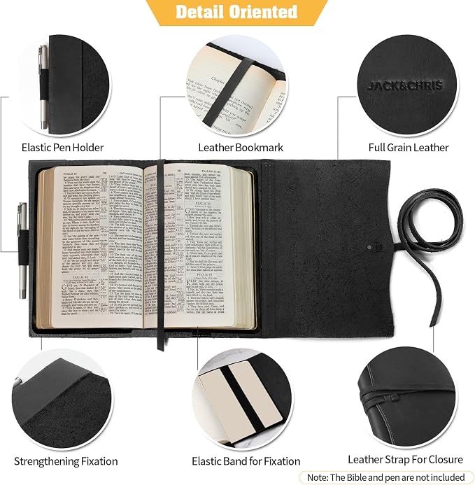 Jack&Chris Leather Bible Cover, Leather Book Cover for Men and Women, Bible Holder Strap Bible Cover Gifts, Black Large