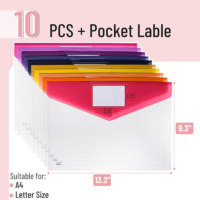 Mr. Pen- Clear Plastic Envelopes File Folders, 10 Pack, A4, Letter Size, Colorful Flaps, Clear Folders for Documents Plastic Poly Envelopes with Label for School, Home, Work, Office, Organizer