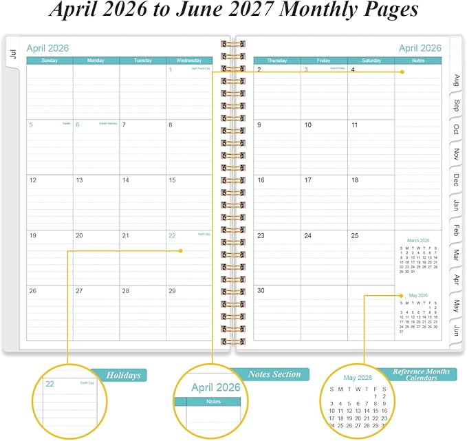 2026-2027 Daily & Monthly Planner, One Page Per Day, Daily Planner 2026-2027 from July 2026 to June 2027, Planner 26-27 with Monthly Tabs, Inner Pocket, 6.4" x 8.5", Rose Leaf