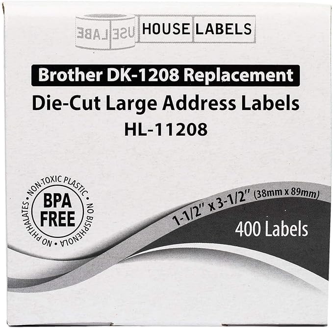HOUSELABELS Compatible with DK-1208 Replacement Roll for Brother QL Label Printers; 400 Address Labels; 1-1/2" x 3-1/2" (38mm*90mm) - 60 Rolls