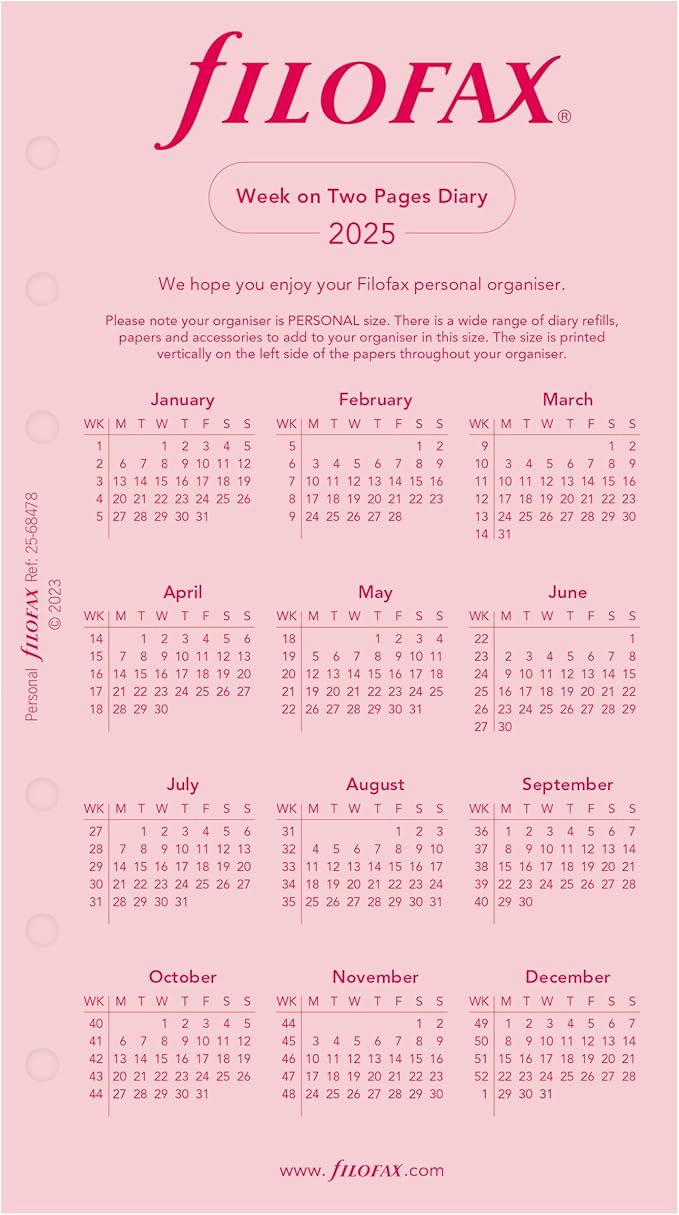 Filofax Calendar Diary Refill, Personal/Compact Size, Week-to-View, Pink Paper, Unruled, English, 2025 (C68478-25)