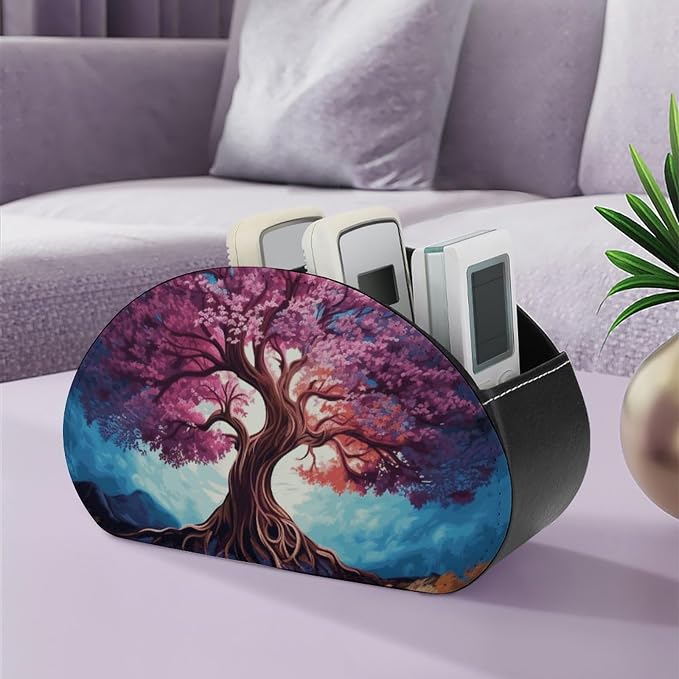 Color Tree Remote Control Holder TV Remote Caddy with 5 Compartments PU Leather Storage Box Stylish Desk Organizer for TV/DVD/Accessories Desk Office Supplies Home