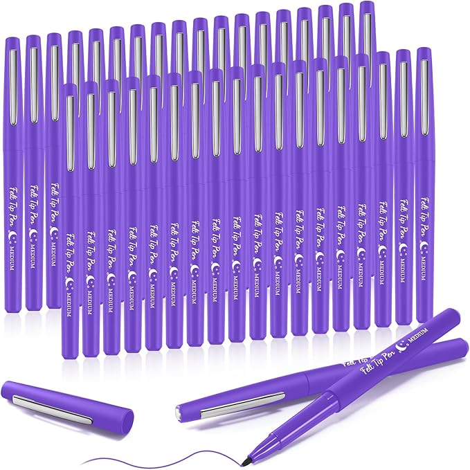 Fuyoooo 36 Pcs Purple Felt Tip Pens 0.7mm Medium Point Felt Tip Marker Pens Bulk, No Smear, Quick Dry for Journaling Planner Writing Note-taking Art Office and School Supplies
