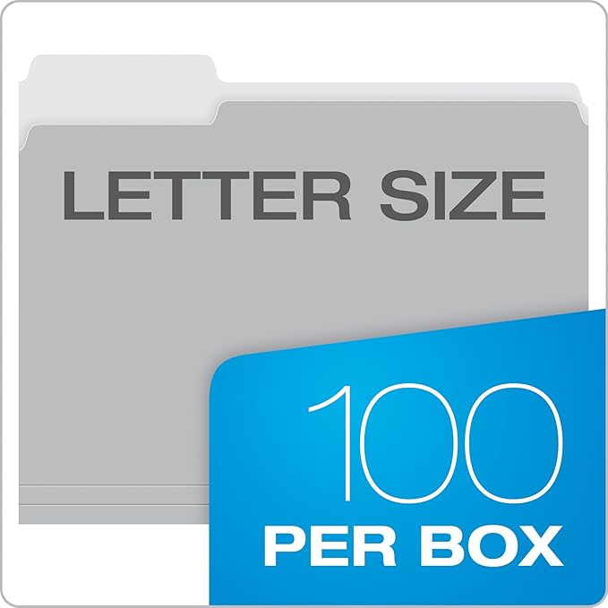 Pendaflex File Folders, 100 Pack, Durable Gray Folders, Letter Size (8.5" x 11"), 3 Tabs for Easy Labeling, Neutral Aesthetic Organization Essentials for Home, Office & School