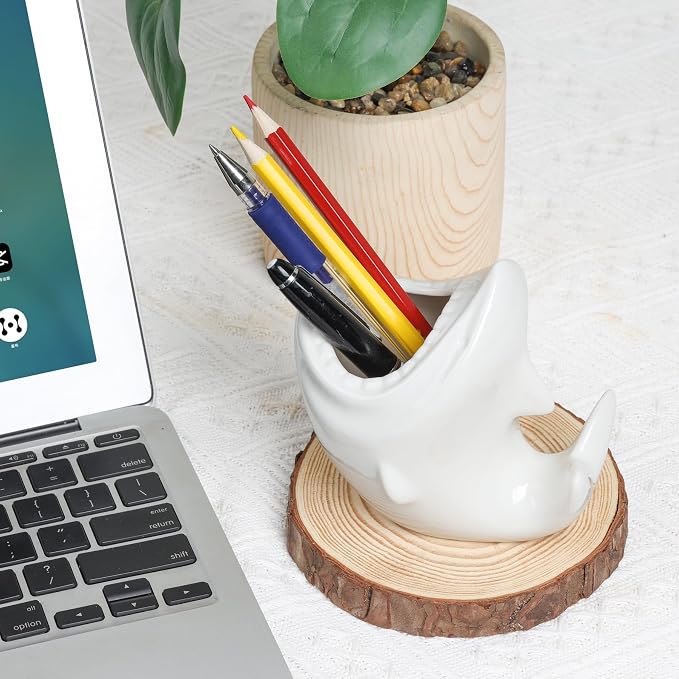 ComSaf Cute Shark Shaped Pen Pencil Holder, White Ceramic Succulent Planter Pots for Home Office Decoration Desk Organization, Set of 1