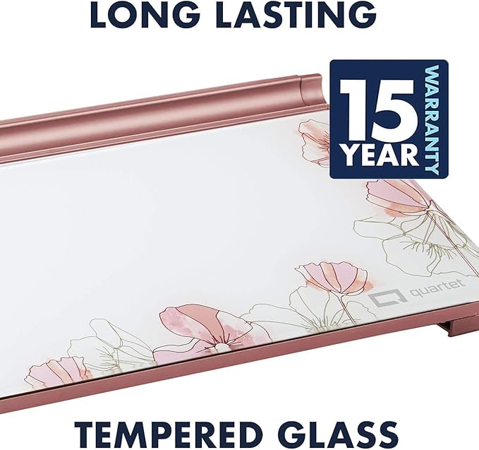 Quartet Glass Dry Erase White Board 18"W x 6"H, Compact Desktop Whiteboard with Storage Drawer, Floral (GDP186P)