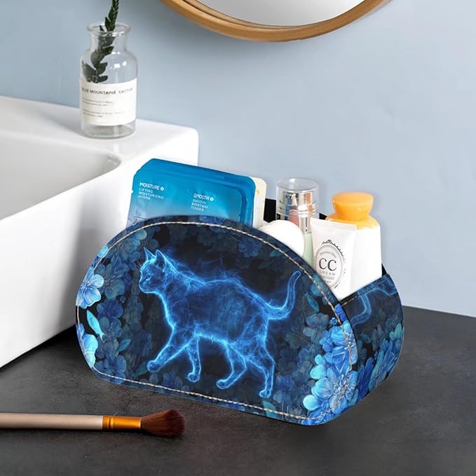 Forchrinse Blue Cat Print Remote Control Holder,Leather Makeup Organizer with 5 Compartments,Table Decor Storage Remote Caddy for Home Office
