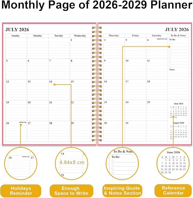 2026-2029 Monthly Planner, 3 Years Calendar from July 2026 - June 2029 with Spiral Binding, Inner Pocket, Elastic Closure, 33 Month Planner for Home | School | Office, 8.5" x 11", Pink