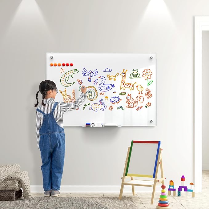 MaxGear Glass Whiteboard Wall Mounted, Frameless Magnetic Dry Erase Board, Tempered Glass, Steel-Backed, Non-Porous Smooth Surface, Floating Design, Accessories Included, for Office Home Classroom