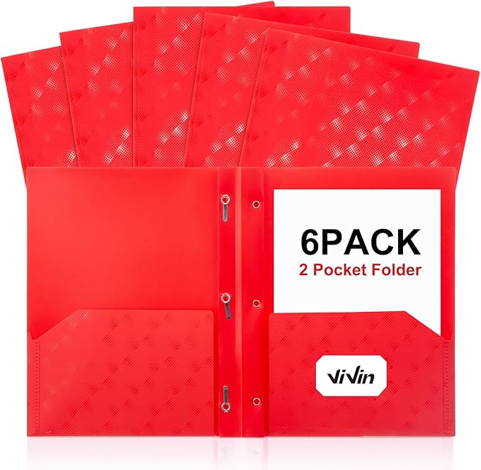 ViVin Plastic Folders with Pockets and Prongs,6 Pack,Heavy Duty 2-Pocket File Folder with 3 Fasteners,Fits Letter Size Paper,for School Home and Office(Bright Red)