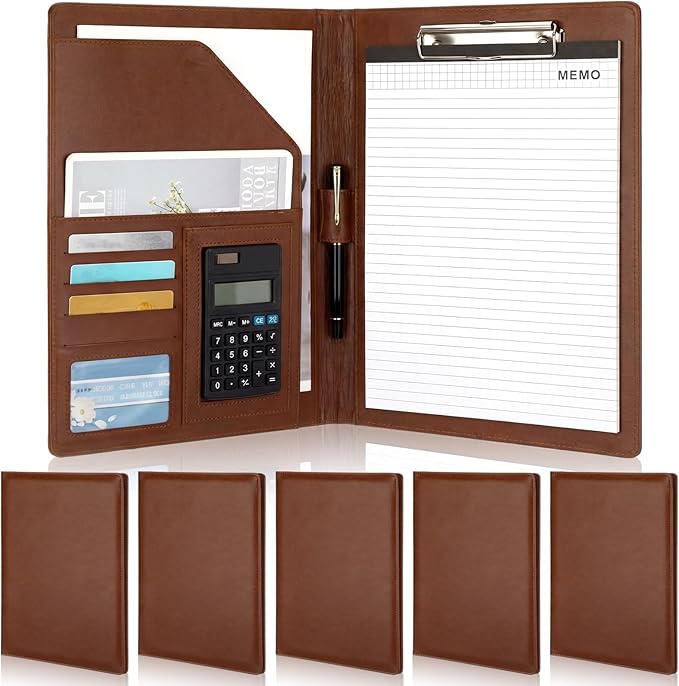 Fuyoooo 6 Pcs Business Portfolio Organizer Professional Leather Portfolio Binder Folder with Clipboard A4 Letter Size Padfolio Legal Notepad Holder for Business School Office Conference (Brown)