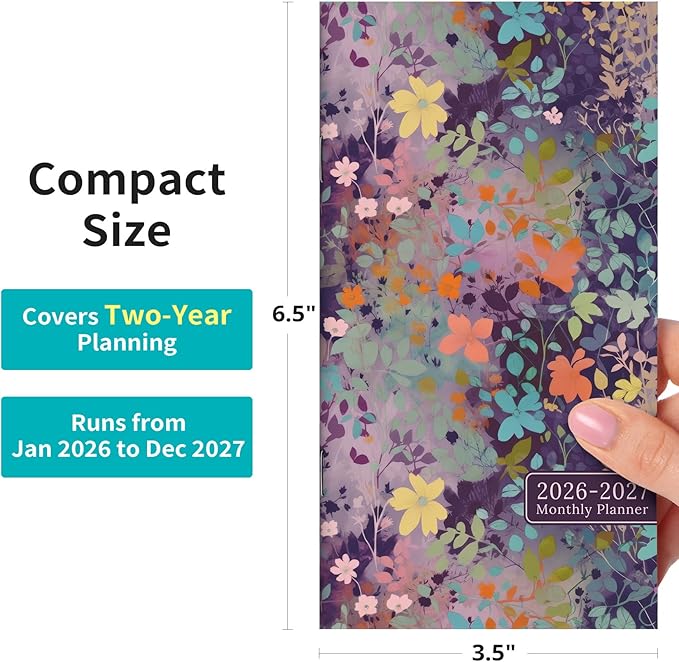 Pocket Calendar 2026-2027 for Purse, Two Year Monthly Planner Pocket Size 6.5" x 3.5", Jan 2026 - Dec 2027 Monthly Planner Small Calendar for School, Work and Home - Lavendar Floral
