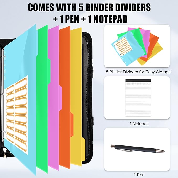 Portfolio Binder 3 Ring Includes Pen and 5 Dividers with 10 Pockets, Padfolio Organizer with Magnetic Handle for Men and Women, Includes A4 Notepad for Business, School, Work
